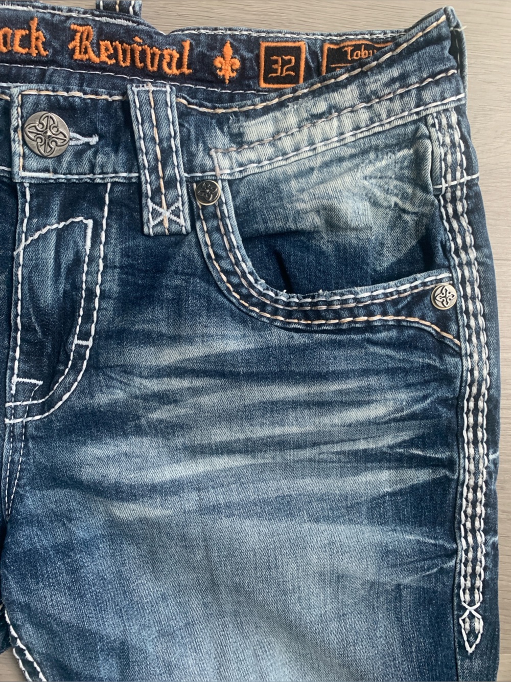 Rock Revival Toby Straight Distressed Snake Skin Printed Blue Jeans 32W/32L - Picture 7 of 13